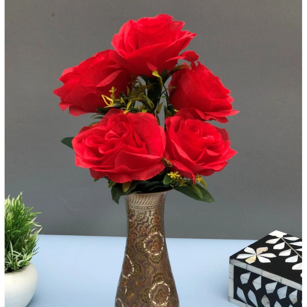 Generic Artificial Flowers Bunch Bouquet Of 5 Roses For Home Decoration (Red, Material:Silk, Polyester) - Image 2