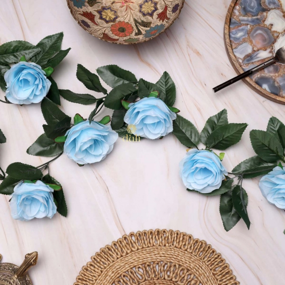 Generic Artificial Rose Vine Flowers With Green Leaves For Home Party Garden Wall Decoration (Blue, Material:Silk, Polyester) - Image 2