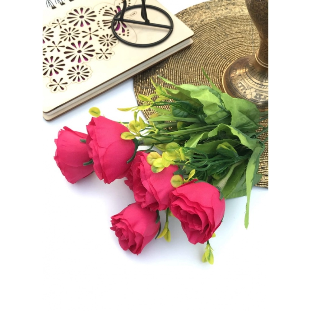 Generic Artificial Flowers Bunch Bouquet Of 6 Garden Roses For Home Decoration (Darkpink, Material:Silk, Polyester) - Image 3