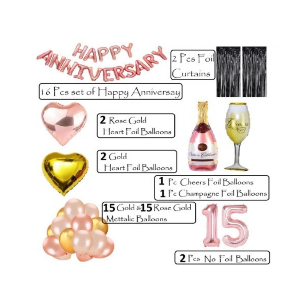 Generic 15Th Anniversary Rose Gold Foil Balloons With Happy Decoration Items Set (Rose Gold) - Image 3
