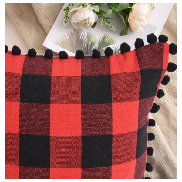 Generic Pack Of_2 Cotton Checkered Cushion Cover With Pom Pom (Red & Black, Size: 12x20 In) - Image 3