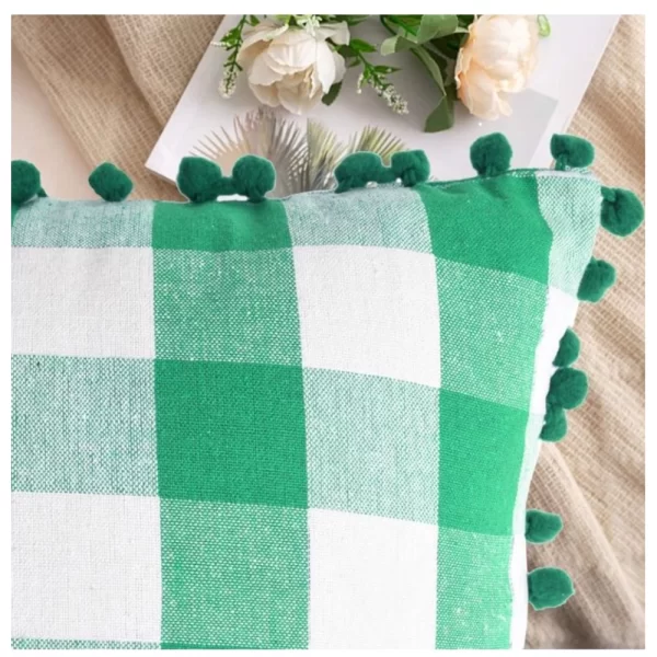Generic Pack Of_2 Cotton Checkered Cushion Cover With Pom Pom (Green, Size: 12x20 In) - Image 4