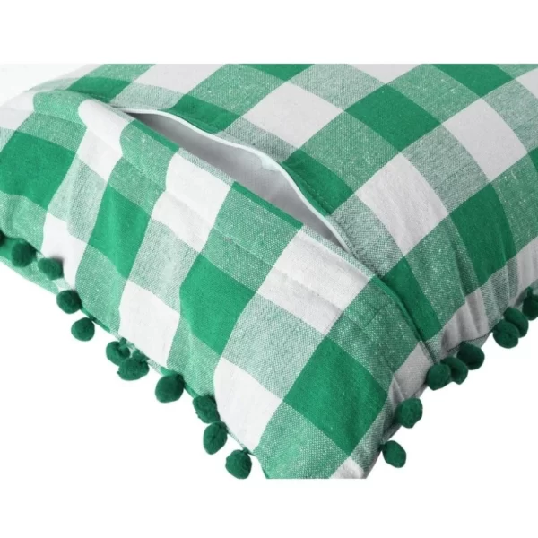 Generic Pack Of_2 Cotton Checkered Cushion Cover With Pom Pom (Green, Size: 12x20 In) - Image 2