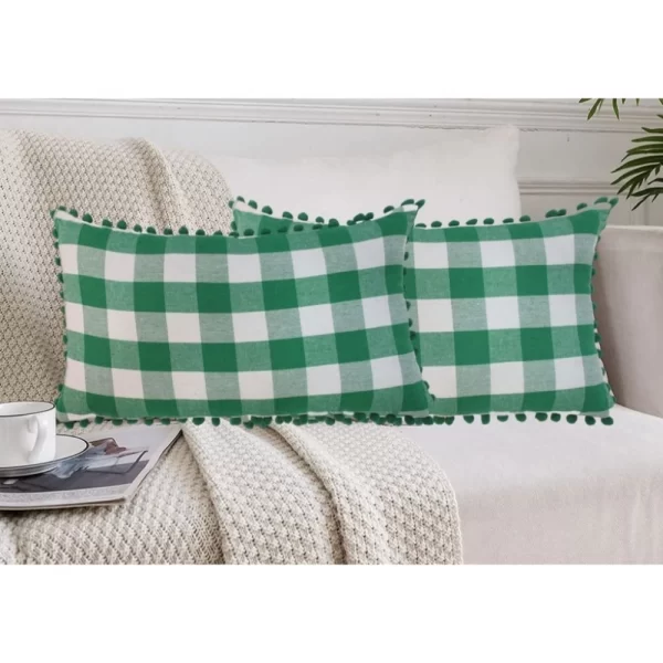 Generic Pack Of_2 Cotton Checkered Cushion Cover With Pom Pom (Green, Size: 12x20 In)