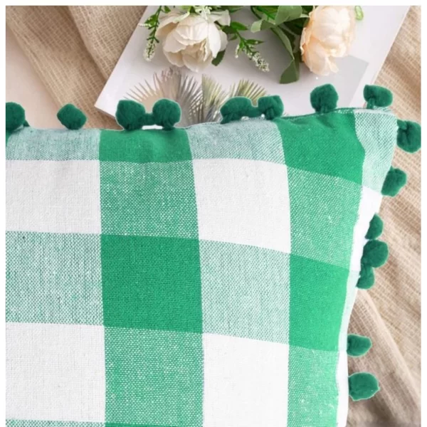 Generic Pack Of_2 Cotton Checkered Cushion Cover With Pom Pom (Green, Size: 12x20 In) - Image 3