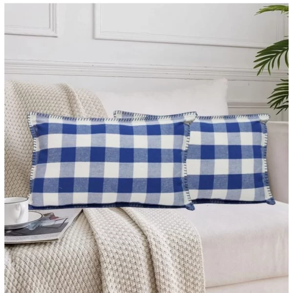 Generic Pack Of_2 Cotton Checkered Cushion Cover With Blanket Stitch (Blue, Size: 12x20 In)