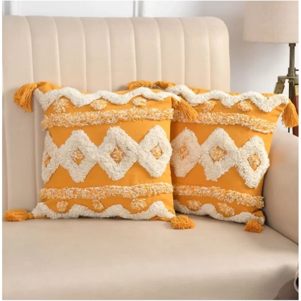 Generic Cotton Tufted Cushion Pillow Cover 16x16 Inch Pack of 2 (Yellow White)