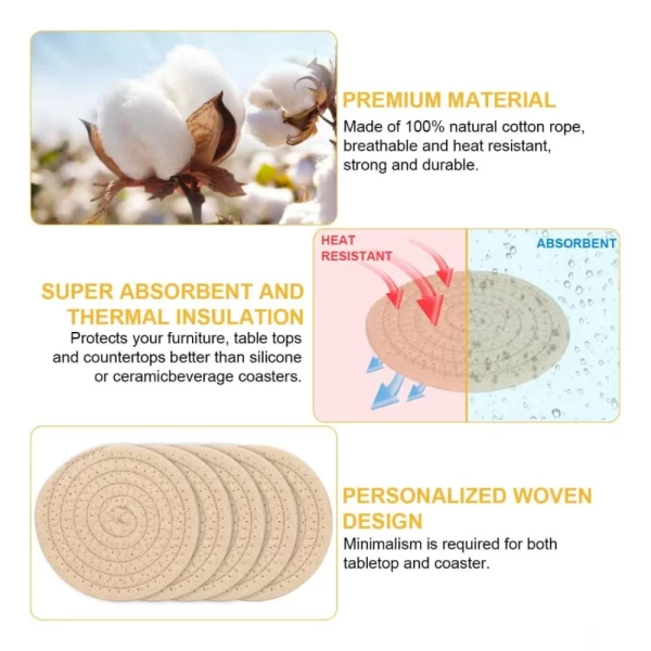 Generic Cotton Rope Drink Coasters 6 Pcs Set (Cream) - Image 2