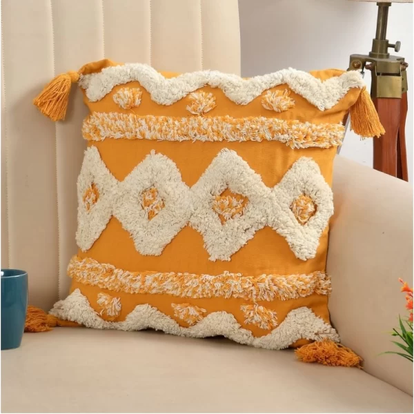 Generic Cotton Tufted Cushion Pillow Cover 16x16 Inch Pack of 2 (Yellow White) - Image 2
