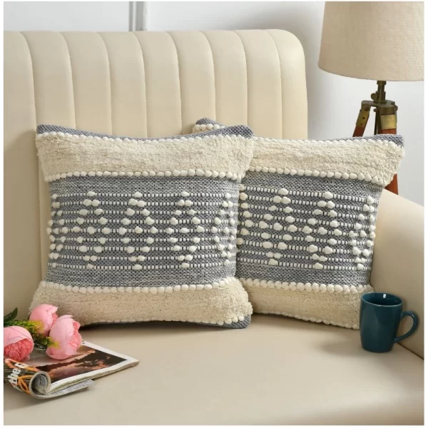 Generic Cotton Diamond Handcrafted Pit Loom Cushion Cover 16x16 Inch Pack of 2 (Grey Cream)
