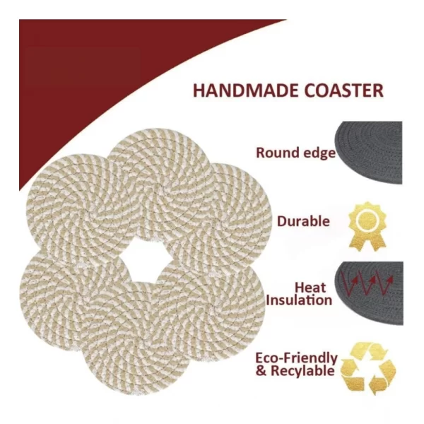 Generic Cotton Rope Drink Coasters 6 Pcs Set (Beige White) - Image 3