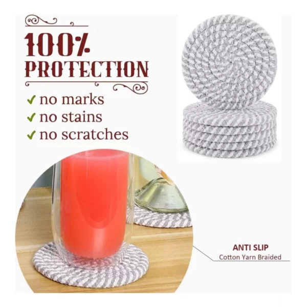 Generic Cotton Rope Drink Coasters 6 Pcs Set (Grey White) - Image 3